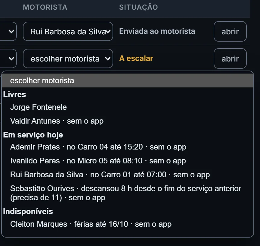 A tela Escala com a lista de motoristas aberta no transfer das 6h. Livres: Jorge Fontenele e Valdir Antunes, sem o app. Em serviço hoje: três motoristas da linha fixa e Sebastião Ourives, que descansou 8 h desde o fim do serviço anterior, precisa de 11. Indisponíveis: Cleiton Marques, férias até 16/10