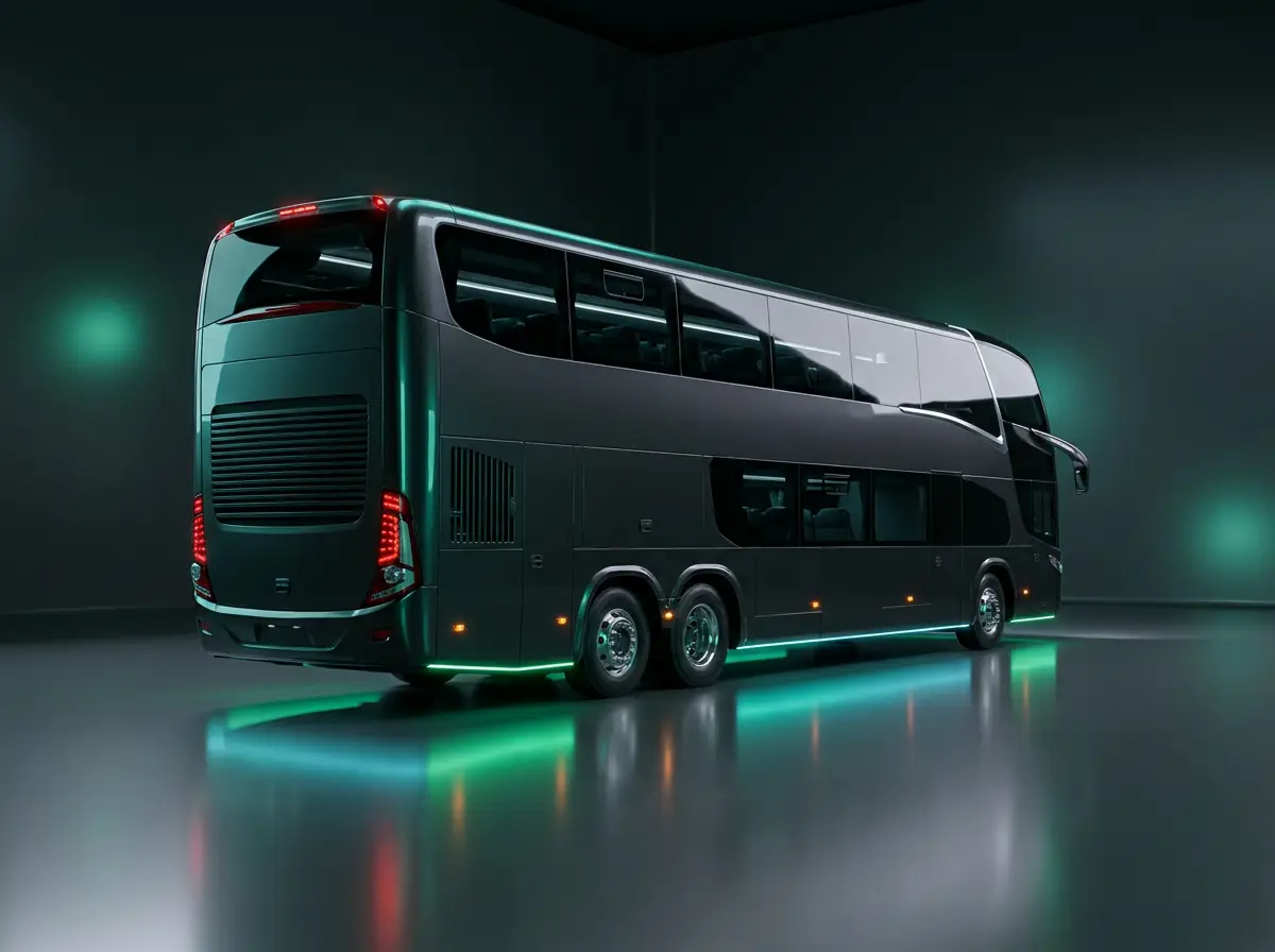 Ônibus de dois andares no escuro, com o friso de luz verde da QG